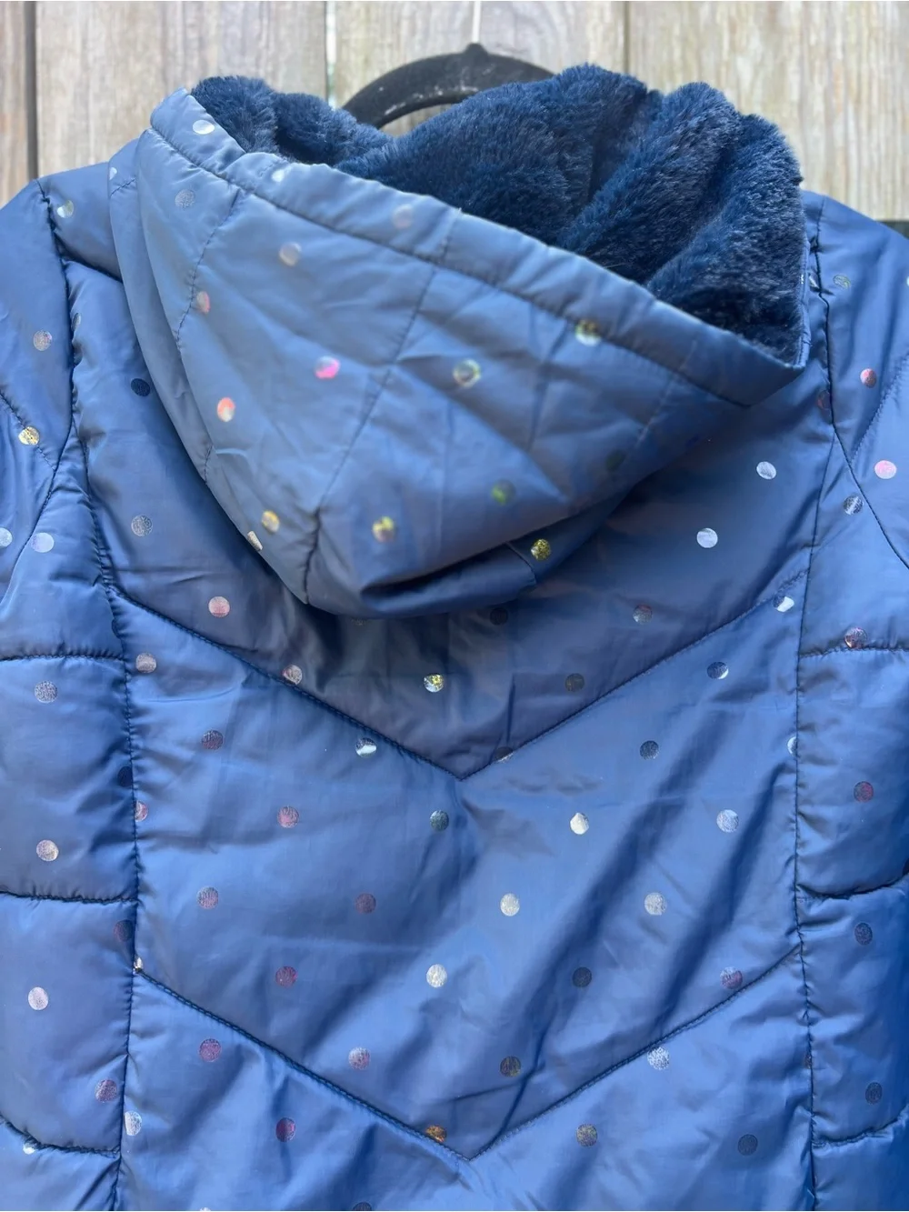 SWISSTECH Girls Navy Blue Polka Dot Confetti Puffer Coat Hooded Girls Medium 7-8